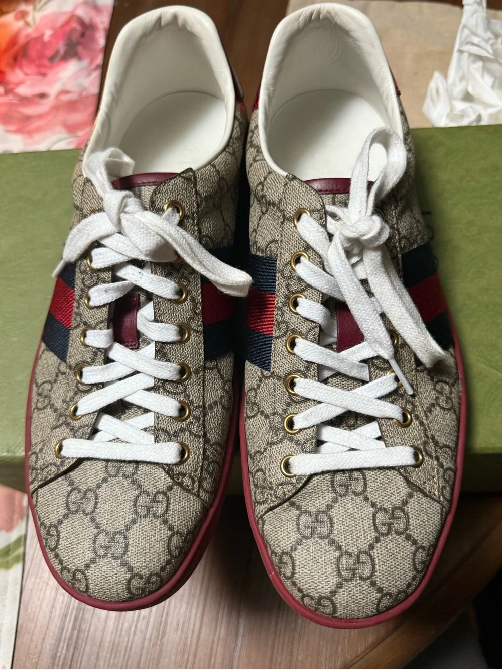 Gucci ACE Men’s GG Canvas Sneaker with web in Beige with Red & Blue Stripe